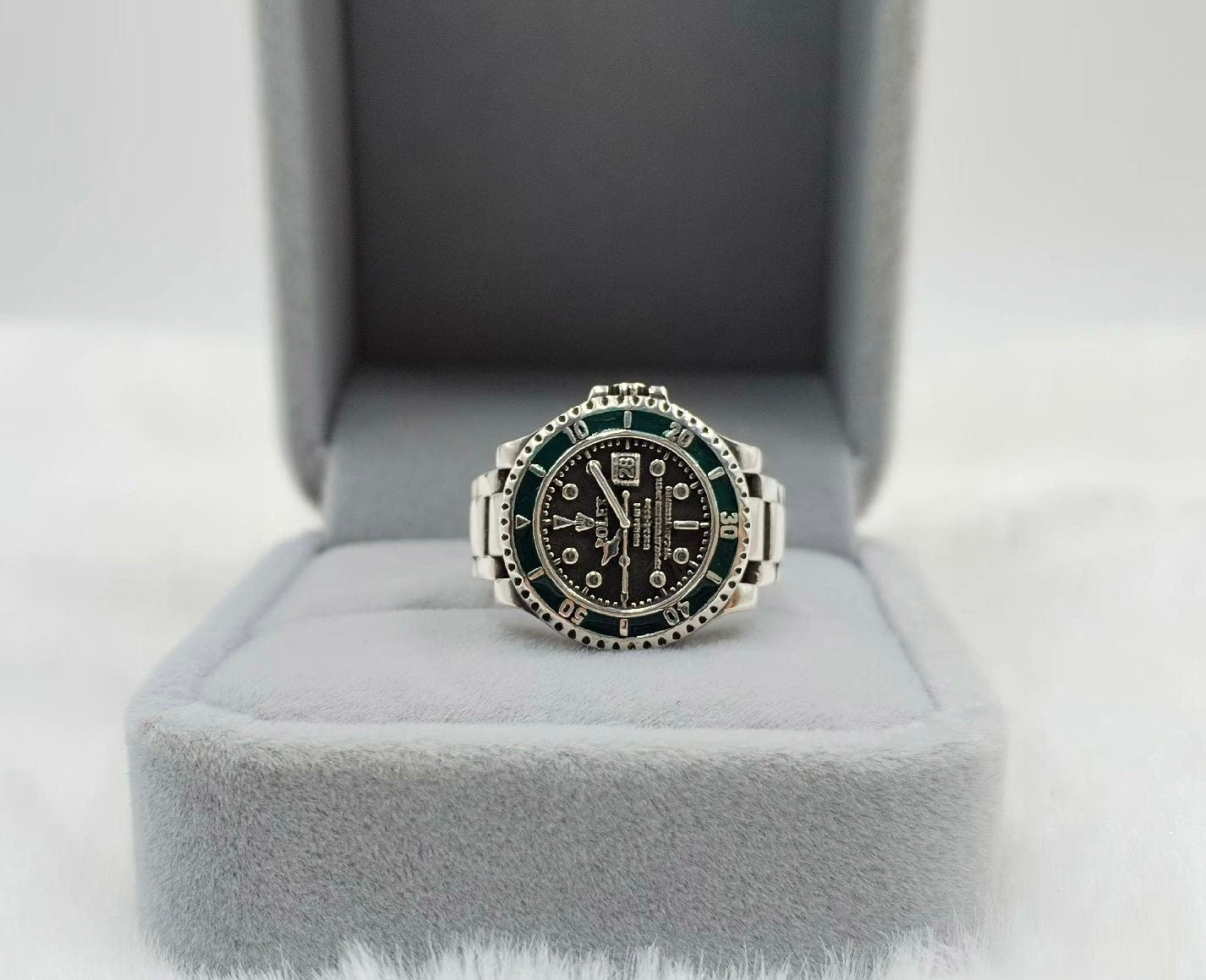 Handmade Green or Black Enamel Chrome Watch Style Silver 925 Ring Adjustable Size Vintage Funky Look