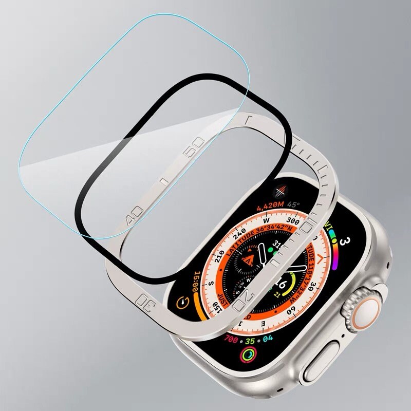 Apple Watch Ultra 49mm Tempered Glass Screen Protector with Titanium Number Scale Circle Case, Diver iwatch Full Coverage Protective Cover